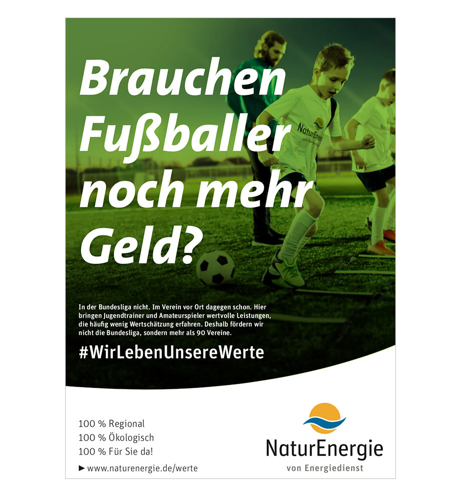 Online-Marketing Kampagne für NaturEnergie. Wir leben unsere Werte. Brauchen Fußballer noch mehr Geld?