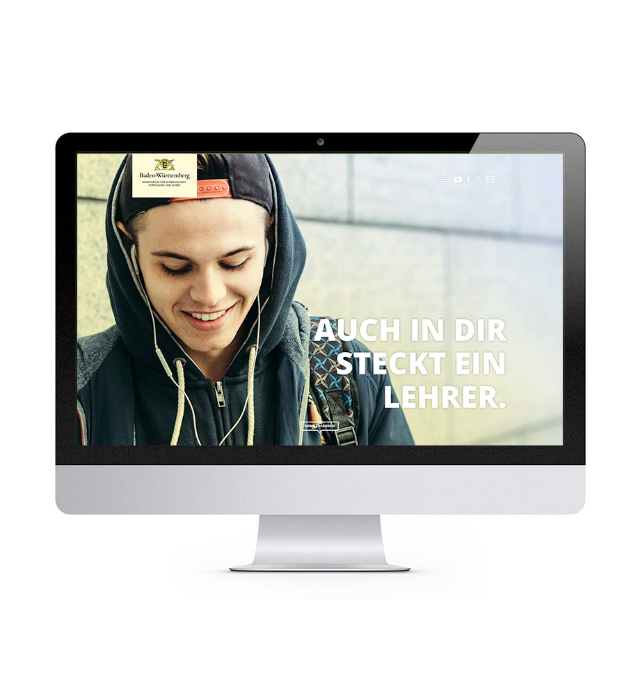 Launch der Werbekamapgne "Auch in Dir steckt ein Lehrer.". Screenshot der Website www.lieber-lehramt.de auf einem Monitor.